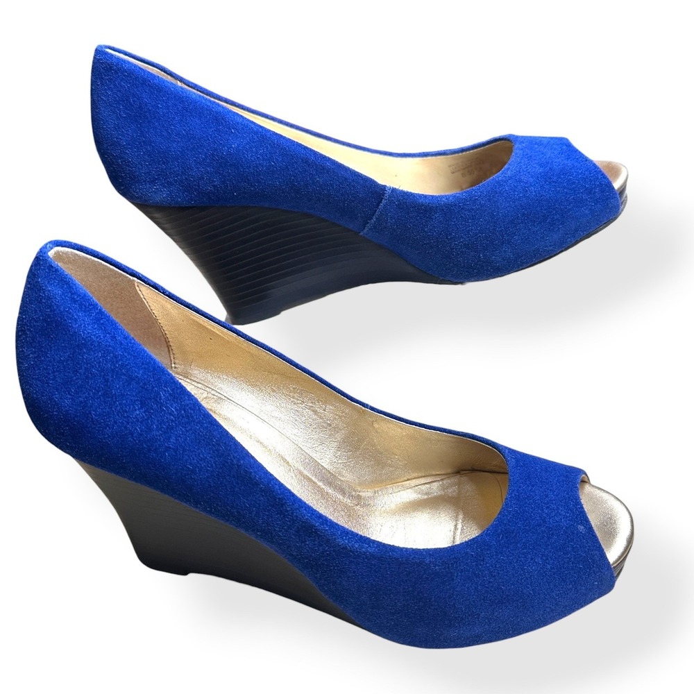 Lilly Pulitzer Womens Resort Wedge Chic Heels Blue 8.5M Peep Toe Suede Preppy - Picture 2 of 11